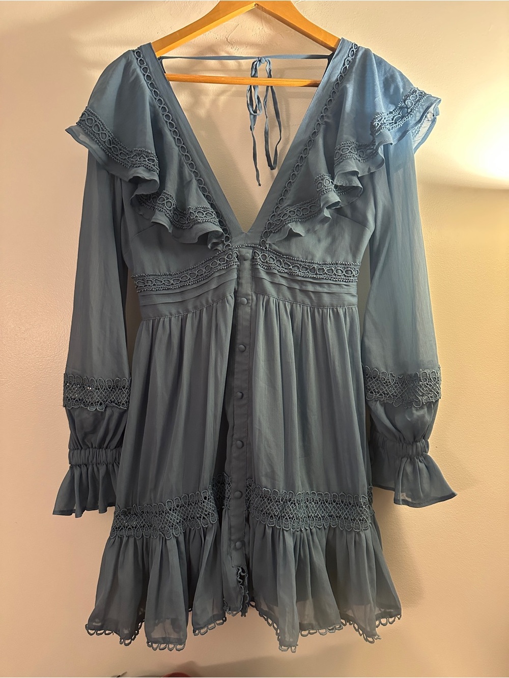 ASOS Dusty Blue Ruffle Lace-Trim Mini Dress